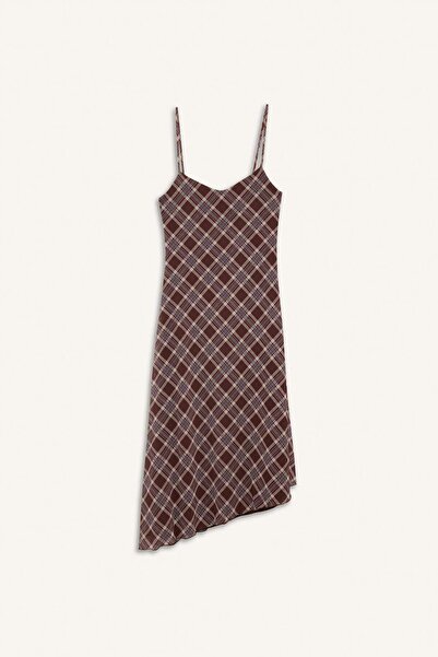DeFacto Coool V-Neck Checked Tulle Strap Midi Dress F7971Ax25Au