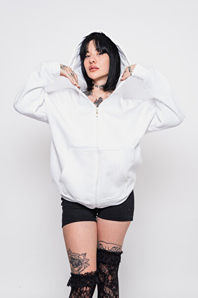 Sokak Butik Fermuarlı Basic Kapüşonlu Unisex Beyaz Sweatshirt