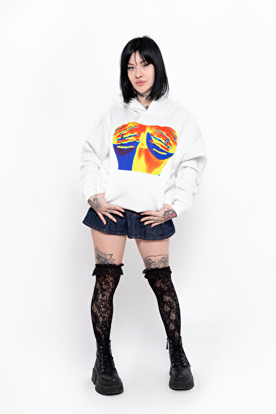 Sekizbiraltı Hanorac alb unisex oversize cu imprimeu Thermal Boobs
