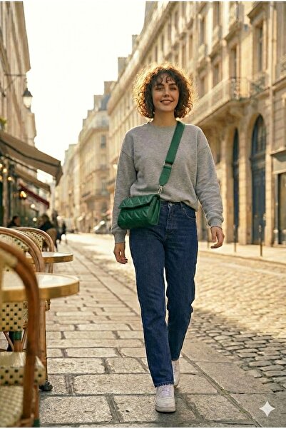 PurpleART Γυναικεία πράσινη καπιτονέ τσάντα ώμου με ρυθμιζόμενο λουράκι κολώνας