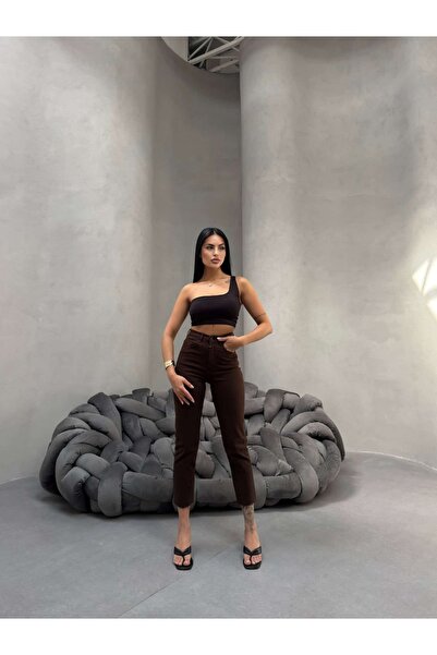 SHEVEGA Women's Brown High Waist Linen Pants with Cut-Out Tight Legs