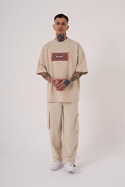 Machinist Ανδρικό μπλουζάκι Carpet Patch με τύπωμα oversized Ανοιχτό μπεζ