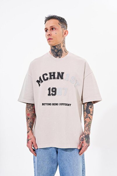 Machinist Ανδρικό κεντημένο oversize μπεζ μπλουζάκι - Washable Spotted Design