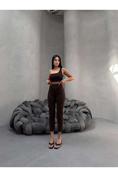 SHEVEGA Women's Brown High Waist Linen Pants with Cut-Out Tight Legs