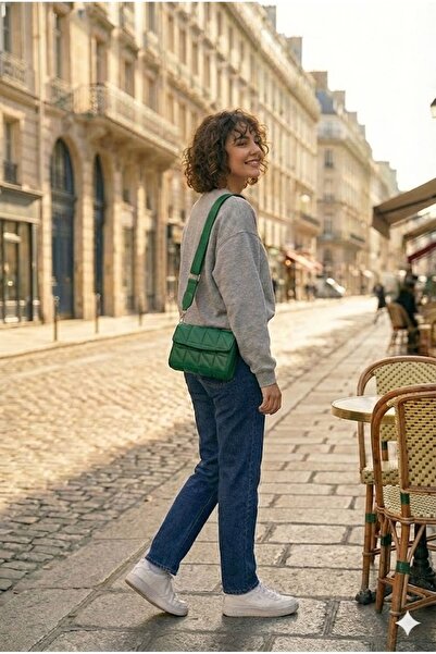 PurpleART Γυναικεία πράσινη καπιτονέ τσάντα ώμου με ρυθμιζόμενο λουράκι κολώνας