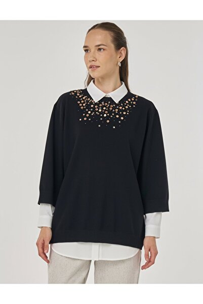 Kayra Sequin Embroidered Viscose Knitwear Tunic Black
