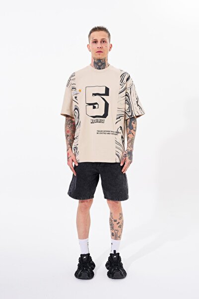 Machinist Ανδρικό μπλουζάκι Νούμερο 5 με τύπωμα oversized Ανοιχτό μπεζ