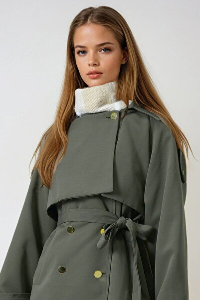 VAGGON Жіночий хакі двобортний підкладний тренч з поясом, плечима та поясом з еполетами Vs01026