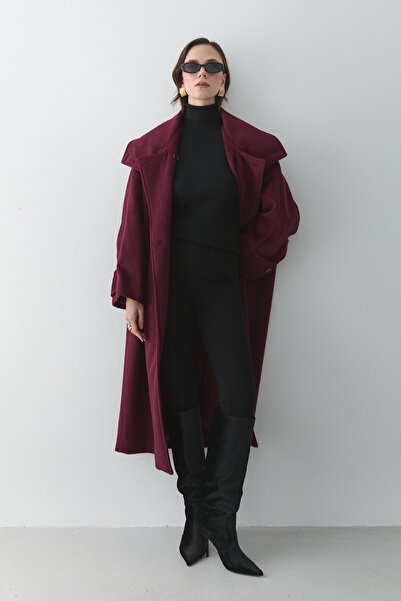 Laluvia Burgundy Vittoria Buttoned Collar Coat - 2511