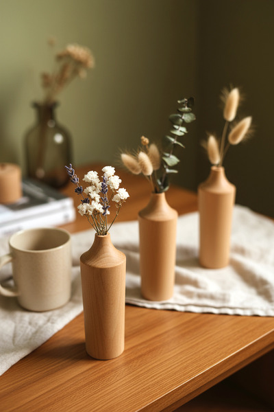 HAMUR Wooden 3-Piece Decorative Vase Set Modern Minimalist Rustic Living Room Office Home Decor Flower Holder Lignum