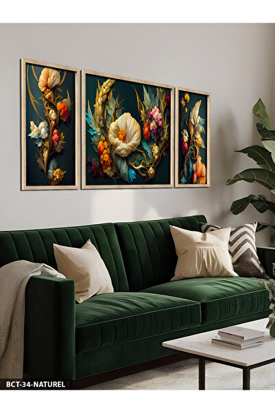 Evinemoda Renkli Çiçekler 3 Parça Ahşap Çerçeveli Tablo