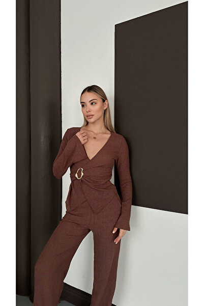 mielva Γυναικείο Σετ Παντελόνι με Καφέ Πόρπη διπλό πέτο Παντελόνια με Φαρδύ Πόδι