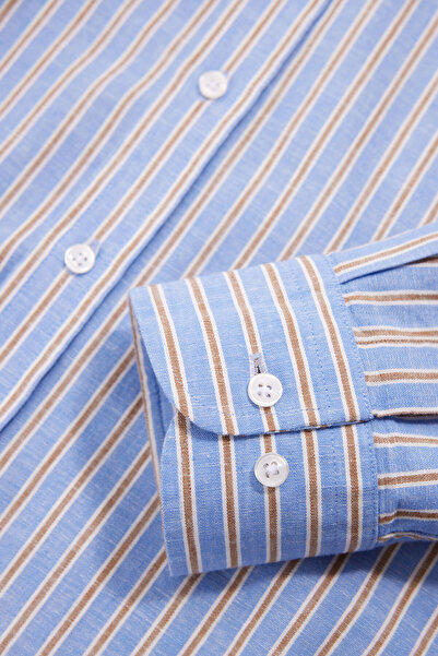 W Collection Blue Long Sleeve Striped Cotton/Len Shirt