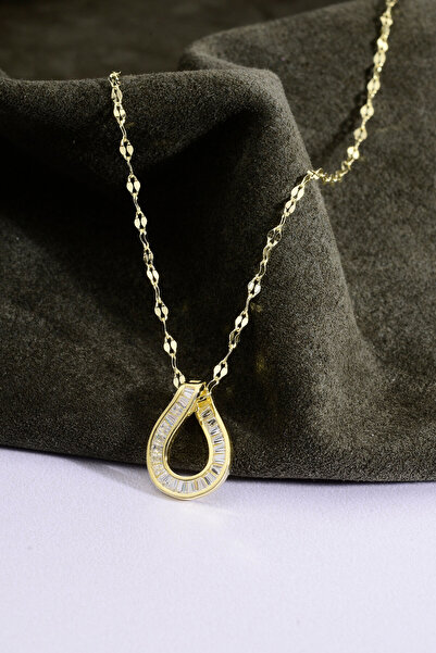 Innuendo Jewelry 925 Ayar Gümüş Baget Taşlı Damla Figürlü Aynalı Zincir Kolye