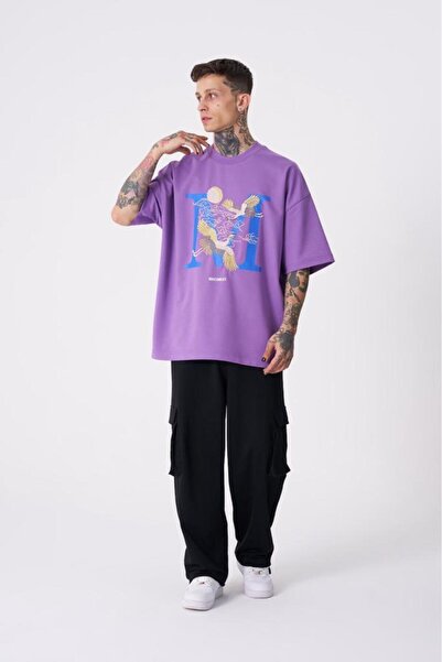 Machinist Ανδρικό μπλουζάκι Crane Bird με τύπωμα oversized Μωβ