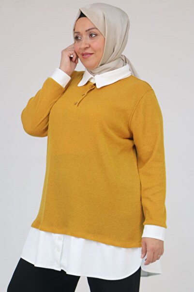 Eslina 58159 Plus Size Shirt Collar Look Paneled Mir Tunic - Mustard