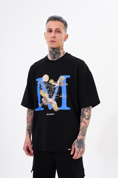 Machinist Ανδρικό μπλουζάκι Crane Bird με τύπωμα oversized Μαύρο