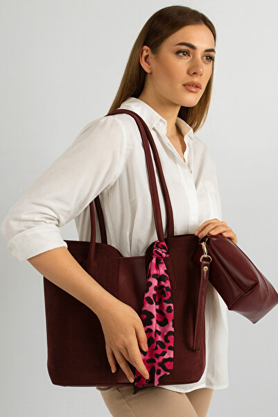 LASSO Women's Burgundy Oversized Suede Leather Hand, Arm and Shoulder Bag with Scarf Detail