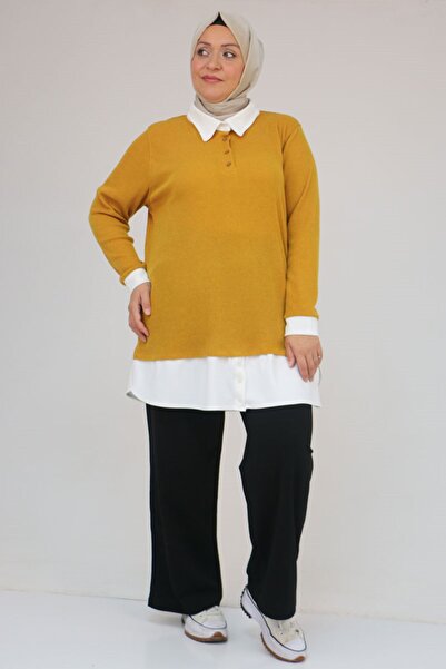Eslina 58159 Plus Size Shirt Collar Look Paneled Mir Tunic - Mustard