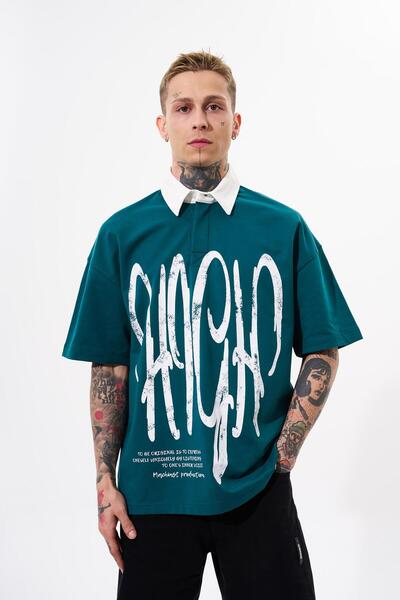 Machinist Ανδρικό μπλουζάκι Petrol Green Oversize Polo Neck - High Printed