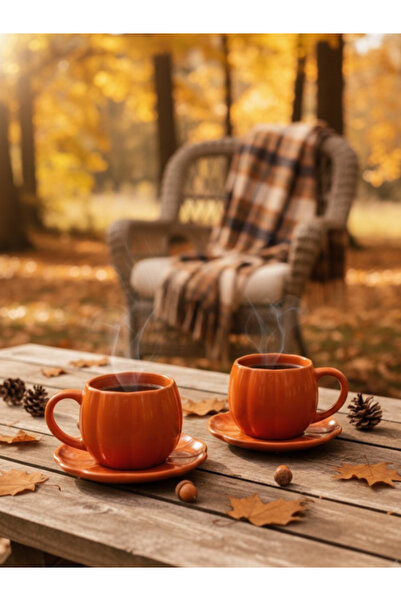 Viyalente Handmade 2 Pieces Ceramic Pumpkin Tea Coffee Cup Set with Saucer 250 ml Orange Mug Set