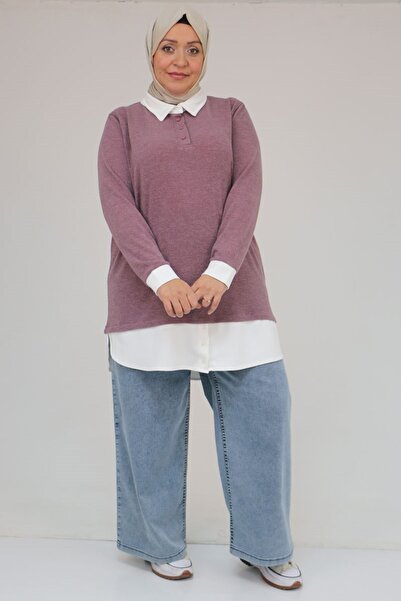 Eslina 58159 Plus Size Shirt Collar Look Paneled Mir Tunic - Dusty Rose