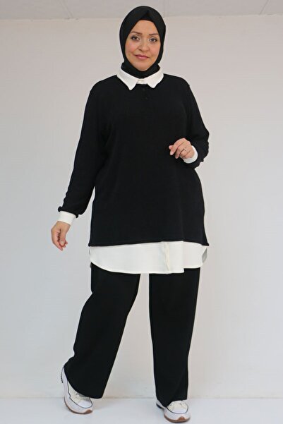 Eslina 58159 Plus Size Shirt Collar Look Paneled Mir Tunic - Black