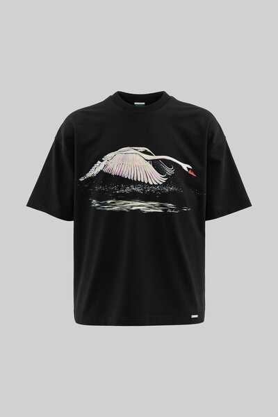 Machinist Erkek Swan Printed Oversize Siyah Tişört
