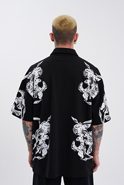 Machinist Men's Aesthetic Flower Printed Polo Neck T-Shirt Black