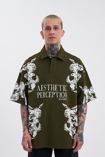 Machinist Tricou pentru bărbați Aesthetic Flower cu imprimeu cu gât polo kaki