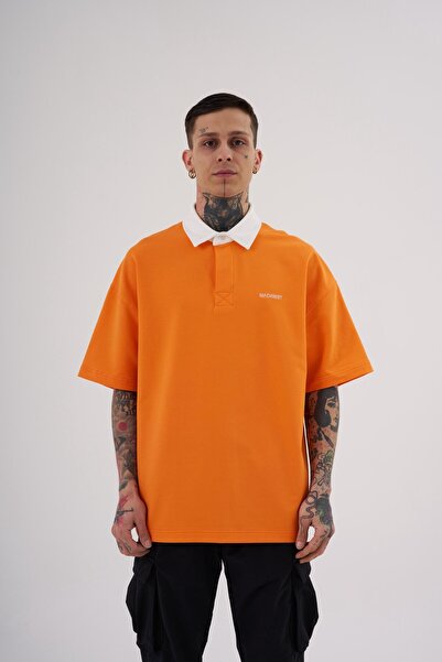 Machinist Men's Basic Oversized Polo Neck T-Shirt Electric Orange-Ecru
