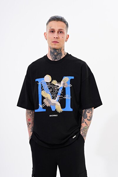 Machinist Ανδρικό μπλουζάκι Crane Bird με τύπωμα oversized Μαύρο