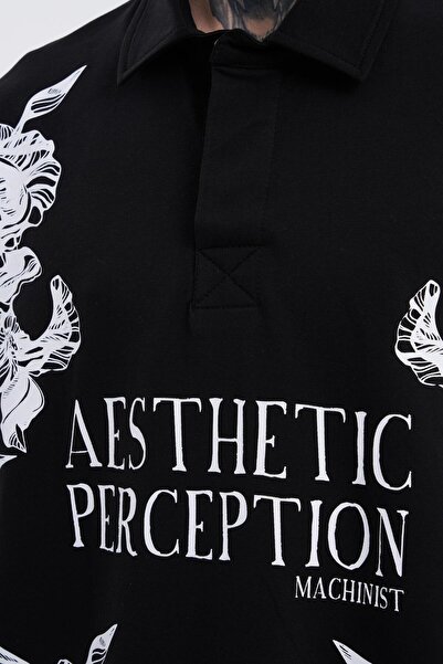 Machinist Men's Aesthetic Flower Printed Polo Neck T-Shirt Black