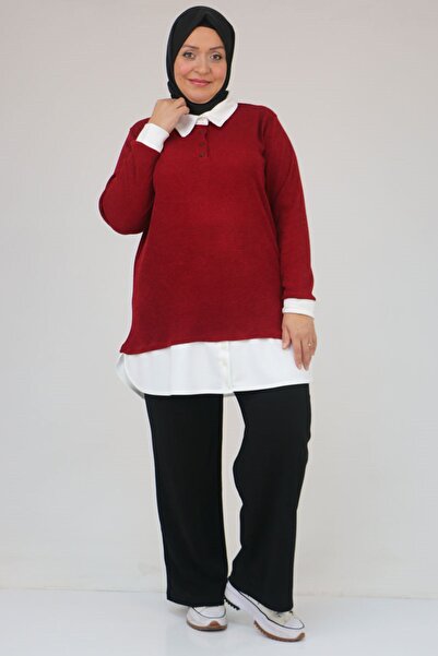 Eslina 58159 Plus Size Shirt Collar Look Paneled Mir Tunic - Claret Red