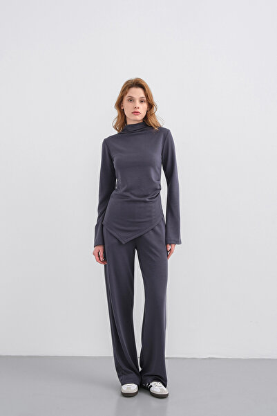 Basicpark Smoked Women's Soft Textured Premium Modal Turtleneck Asymmetric Cut Bottom-Top Set