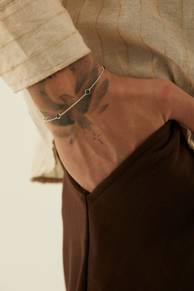 Fjellor Tata 925 Ayar Gümüş Yeşil Doğal Taşlı Erkek Bileklik