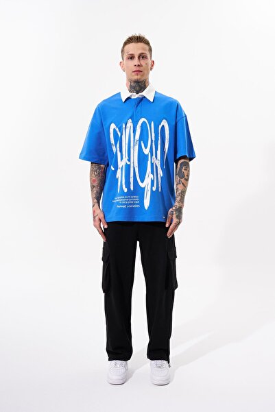 Machinist Чоловіча футболка з високим коміром та надруком Oversize, світло-блакитна