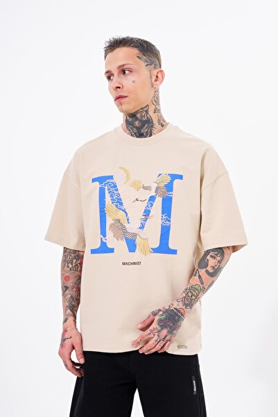 Machinist Erkek Crane Bird Baskılı Oversize Tişört Açık Bej