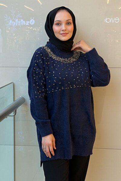 Nuss 7003 Crew Neck Angora Tunic with Sprinkle Bead Embroidery