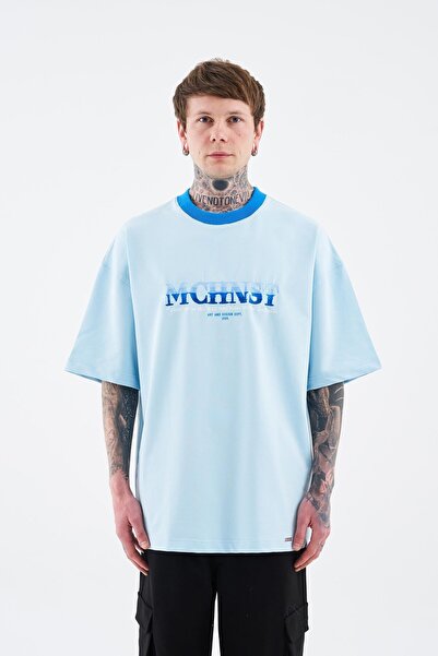 Machinist Men's Color Gradient Embroidered Oversize Light Blue T-Shirt