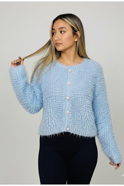 Afri سترة نسائية زرقاء بأزرار – سترة تريكو دافئة ذات ملمس ناعم