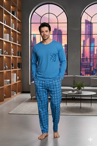 Sude HOMEWEAR Ercan Ανδρικό Ice Blue - Πάνω τσέπη και κάτω καρό Pjm Tkm