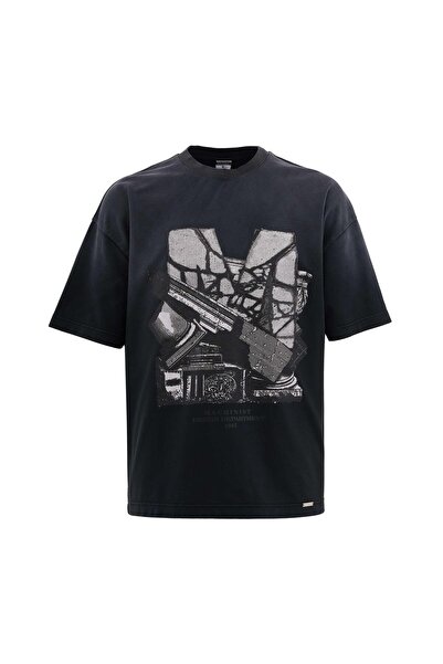 Machinist Ανδρικό μπλουζάκι με σκασμένο εμπριμέ πλενόμενο μαύρο μπλουζάκι