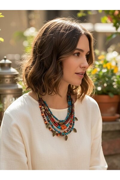 dela otantik Bohem Tarzda El Yapımı Katmanlı Ahşap Boncuklu Kolye – Çok renkl...