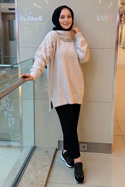Nuss 7003 Crew Neck Angora Tunic with Sprinkle Bead Embroidery