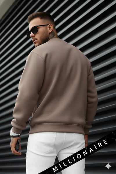 Millionaire Ανδρικό φούτερ ανοιχτό καφέ μόκα Basic 0 με λαιμόκοψη χωρίς στάμπα, απλό oversized φαρδύ και χαλαρό φούτερ