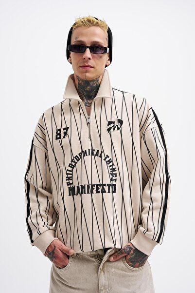 Machinist Ανδρικό φούτερ πόλο με στάμπα και φερμουάρ, απαλό μπεζ