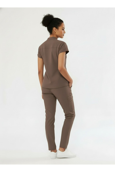 Class Üniforma Nova - Καφέ Γυναικεία Φόρμα Νοσοκόμας και Ιατρική Φόρμα με ελαστικό ύφασμα Κουμπώματα με Μισό Κορδόνι