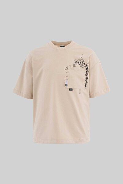 Machinist Чоловіча футболка з етикеткою та надрукованою кишенею Oversize, світло-бежева