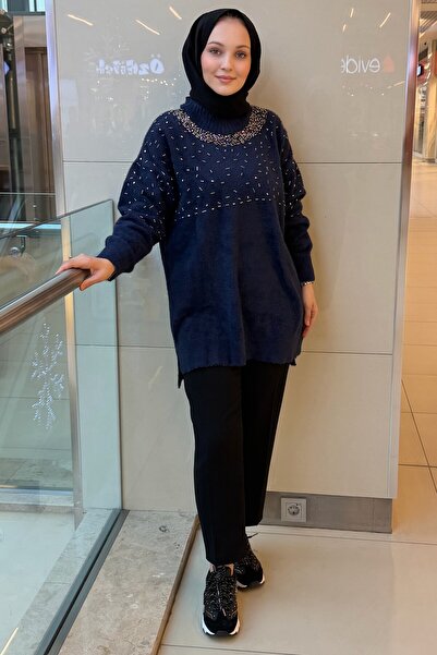 Nuss 7003 Crew Neck Angora Tunic with Sprinkle Bead Embroidery